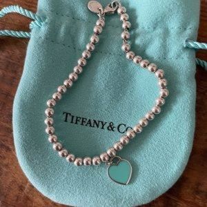 Tiffany and Co. Blue Enamel Heart Tag Bead Bracelet
